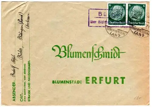 DR 1937, Landpost Stpl. BÜCHES über Büdingen auf Brief m. 2x6 Pf.
