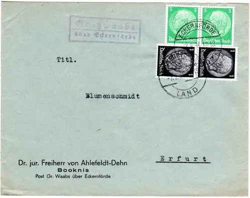 DR 1936, Landpost Stpl. GROSSWAABS über ECKERNFÖRDE auf Brief m. je 2x1+5 Pf.