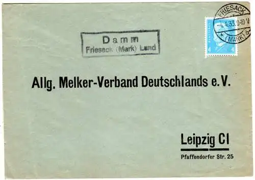 DR 1933, Landpost Stpl. DAMM über Friesack (Mark) Land auf Brief m. 4 Pf.