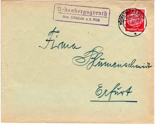 DR 1937, Landpost Stpl. VESTENBERGSGREUTH über Höchstadt auf Brief m. 12 Pf.
