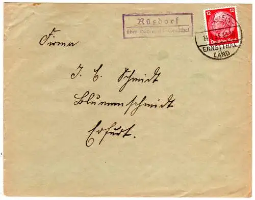 DR 1934, Landpost Stpl. RÜSDORF über Hohenstein-Ernstthal auf Brief m. 12 Pf.