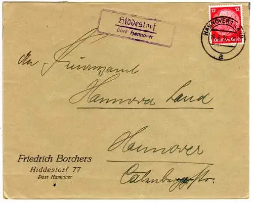 DR 1935, Landpost Stpl. HIDDESTORF über Hannover auf Brief m. 12 Pf.