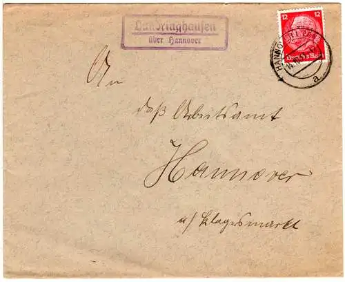 DR 1933, Landpost Stpl. LANDRINGHAUSEN über Hannover auf Brief m. 12 Pf.