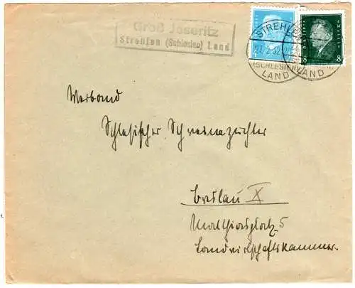 DR 1932, Landpost Stpl. GROSS JESERITZ über Strehlen auf Brief m. 4+8 Pf.