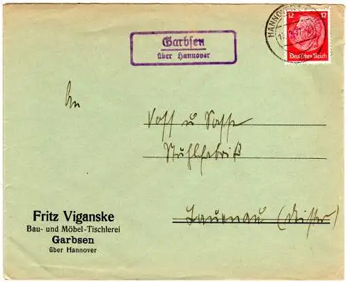 DR 1937, Landpost Stpl. GARBSEN über Hannover auf Firmen Brief m. 12 Pf.