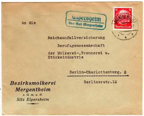 DR 1936, Landpost Stpl. ELPERSHEIM über Bad Mergentheim auf Brief m. 12 Pf.