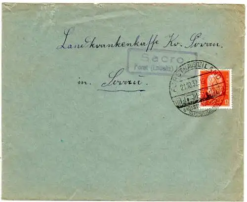 DR 1932, Landpost Stpl. SACRO über Forst (Lausitz) auf Brief m. 12 Pf.