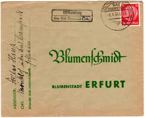 DR 1936, Landpost Stpl. MÖNKLOH über Bad Bramstedt auf Brief m. 12 Pf.