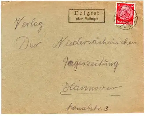 DR 1933, Landpost Stpl. VOIGTEI über Sulingen auf Brief m. 12 Pf.