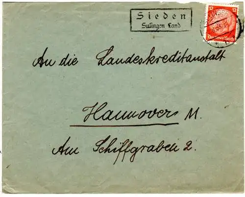 DR 1933, Landpost Stpl. SIEDEN über Sulingen Land auf Brief m. 12 Pf.