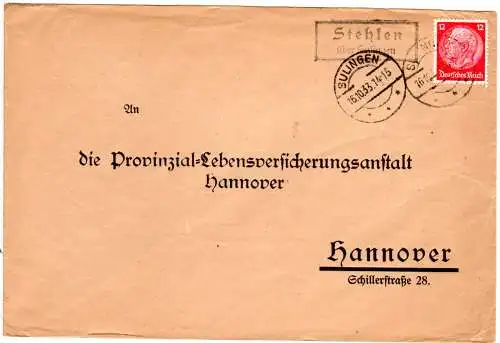 DR 1933, Landpost Stpl. STEHLEN über Sulingen auf Brief m. 12 Pf.