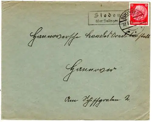 DR 1933, Landpost Stpl. SIEDEN über Sulingen auf Brief m. 12 Pf.