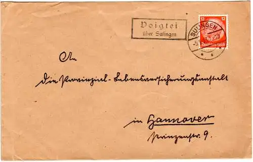 DR 1933, Landpost Stpl. VOIGTEI über Sulingen klar auf Brief m. 12 Pf. orange.