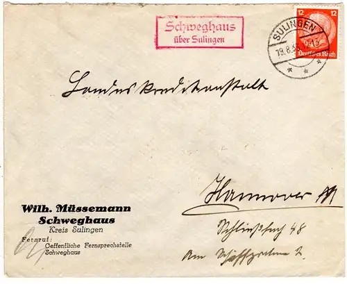 DR 1933, roter (!) Landpost Stpl. SCHWEGHAUS über Sulingen auf Brief m. 12 Pf. 