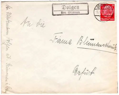 DR 1936, Landpost Stpl. DOLGEN über Grimmen auf Brief m. 12 Pf. 