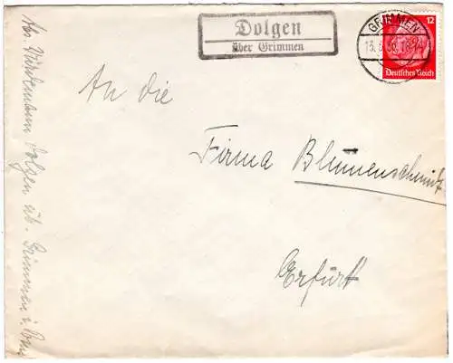 DR 1936, Landpost Stpl. DOLGEN über Grimmen auf Brief m. 12 Pf.