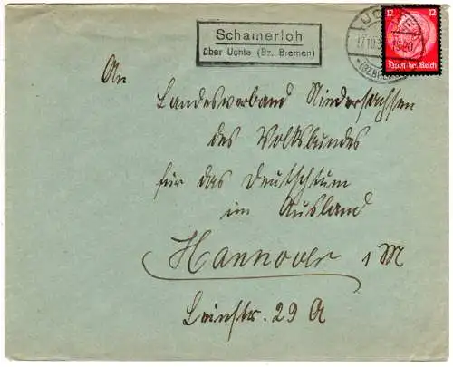 DR 1934, Landpost Stpl. SCHAMERLOH über Uchte (Bz. Bremen) auf Brief m. 12 Pf. 