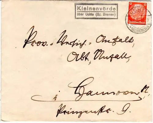DR 1933, Landpost Stpl. KLEINENVÖRDE über Uchte (Bz. Bremen) auf Brief m. 12 Pf