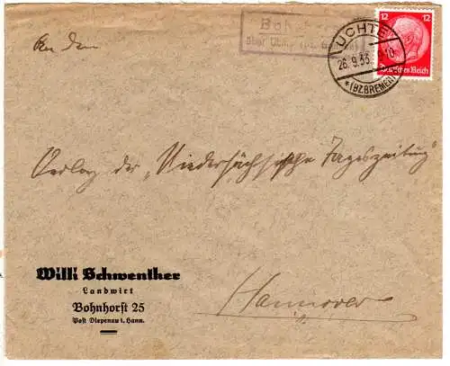 DR 1933, Landpost Stpl. BOHNHORST über Uchte (Bz. Bremen) auf Brief m. 12 Pf. 