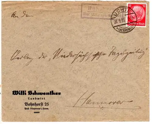DR 1933, Landpost Stpl. BOHNHORST über Uchte (Bz. Bremen) auf Brief m. 12 Pf.