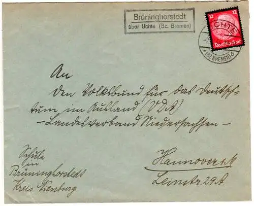 DR 1934, Landpost Stpl. BRÜNINGHORSTEDT über Uchte auf Brief m. 12 Pf. 