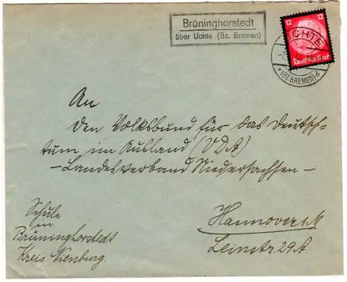 DR 1934, Landpost Stpl. BRÜNINGHORSTEDT über Uchte auf Brief m. 12 Pf.