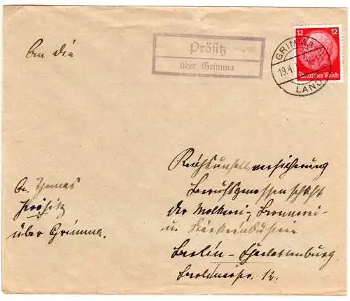 DR 1935, Landpost Stpl. PRÖSITZ über Grimma klar auf Brief m. 12 Pf. 