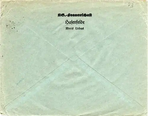 DR 1936, Landpost Stpl. HASENFELDE über Fürstenwalde auf Brief m. 12 Pf.  