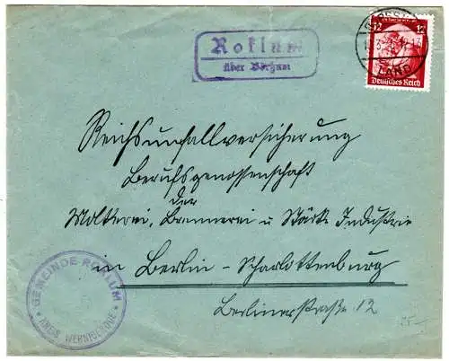 DR 1935, Landpost Stpl. ROKLUM über Börssum auf Gemeinde Brief m. 12 Pf.