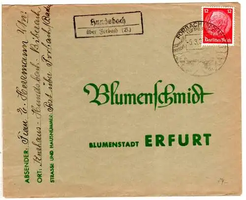 DR 1937, Landpost Stpl. HUNDSBACH über Forbach (B.) auf Brief m. 12 Pf.  