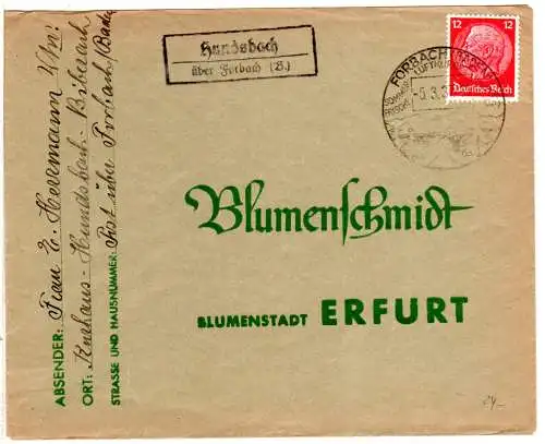 DR 1937, Landpost Stpl. HUNDSBACH über Forbach (B.) auf Brief m. 12 Pf.
