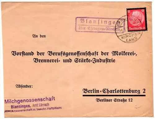 DR 1935, Landpost Stpl. BLANSINGEN über Efringen-Kirchen auf Brief m. 12 Pf.