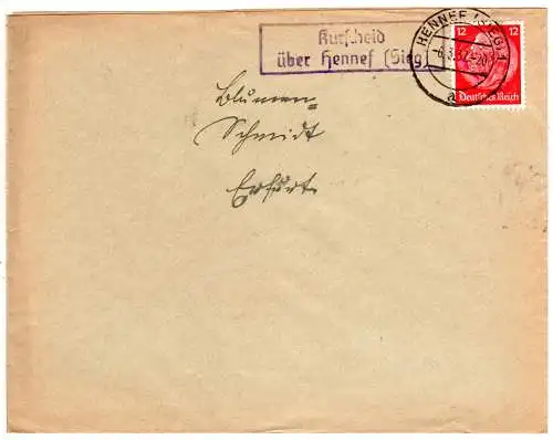 DR 1937, Landpost Stpl. KURSCHEID über Hennef (Sieg) auf Brief m. 12 Pf.  
