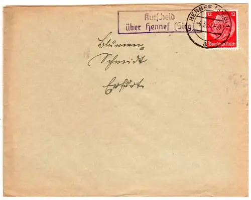 DR 1937, Landpost Stpl. KURSCHEID über Hennef (Sieg) auf Brief m. 12 Pf.