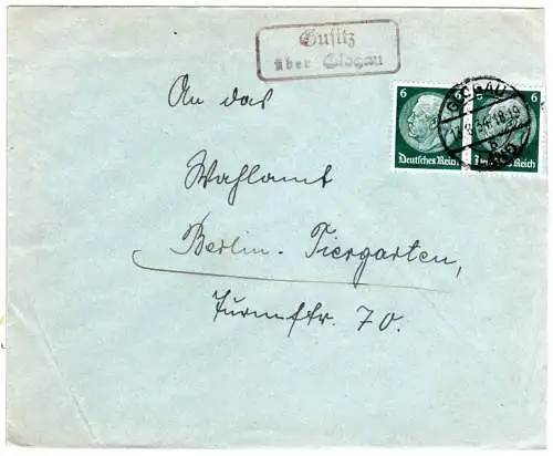 DR 1934, Landpost Stpl. GUSITZ über Glogau auf Brief m. 2x6 Pf.