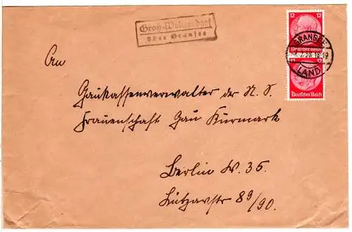 DR 1938, Landpost Stpl. GROSS-WOLTERSDORF über Gransee auf Brief m. 2x12 Pf.