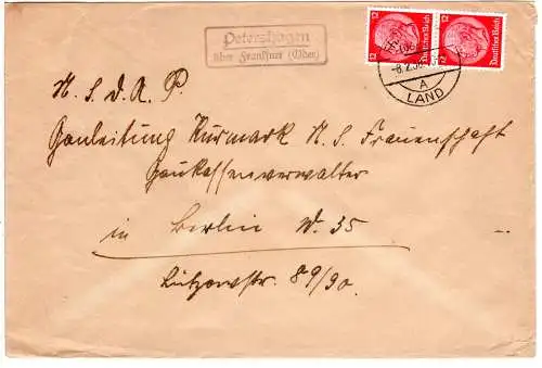DR 1938, Landpost Stpl. PETERSHAGEN über Frankfurt (Oder) auf Brief m. 2x12 Pf.