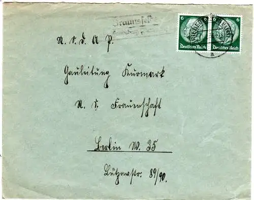 DR 1938, Landpost Stpl. BRAUNSFELDE über Friedeberg auf NSDAP Brief m. 2x6 Pf.  