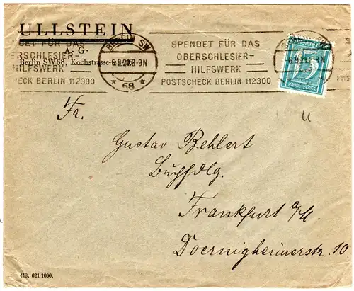 DR 1921, 15 Pf. m. perfin auf Firmen Drucksachenumschlag v. Berlin