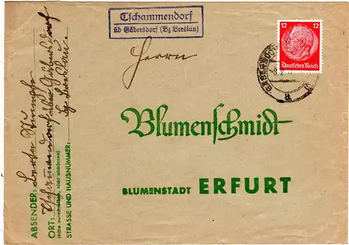 DR 1937, Landpost Stpl. TSCHAMMENDORF über Gäbersdorf (Bz. Breslau) auf Brief 