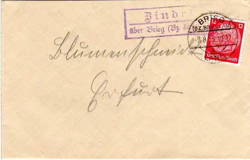 DR 1935, Landpost Stpl. ZINDEL über Brieg (Bz. Breslau) auf Brief m. 12 Pf.