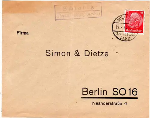 DR 1933, Landpost Stpl. SCHLABITZ über Militsch (Breslau) auf Brief m. 12 Pf.