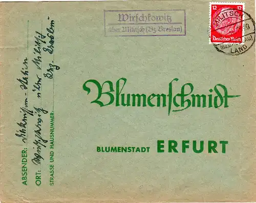 DR 1934, Landpost Stpl. WIRSCHKOWITZ über Militsch (Breslau) auf Brief m. 12 Pf