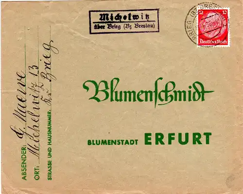 DR 1936, Landpost Stpl. MICHELWITZ über Brieg (Bz. Breslau) auf Brief m. 12 Pf.