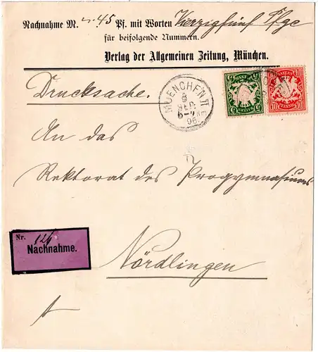 Bayern 1896, 5+10 Pf. auf Nachnahme Drucksache Streifband v. München