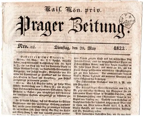 Österreich 1822, 1 Kr. Zeitungsstempel auf kompletter 4-seitger Prager Zeitung