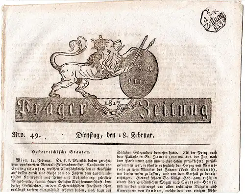 Österreich 1817, 1 Kr. Zeitungsstempel auf kpl. 4-seitger Prager Zeitung