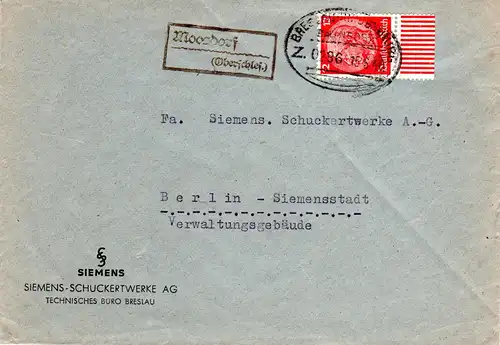 DR 1940, aptierter Landpost Stpl. MOOSDORF...(Oberschles.) auf BP-Brief m. 12 Pf