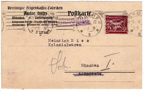 DR 1922, 50 Pf. m. perfin  auf Andre Hofer Feigenkaffee Orts-Karte v. München.