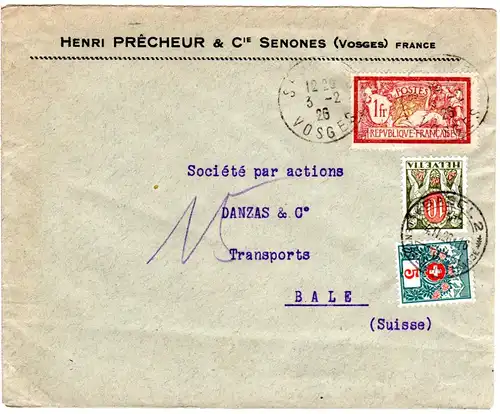 Frankreich 1926, 1 Fr. auf Firmen Brief v. Senones m. 2 Schweiz Portomarken